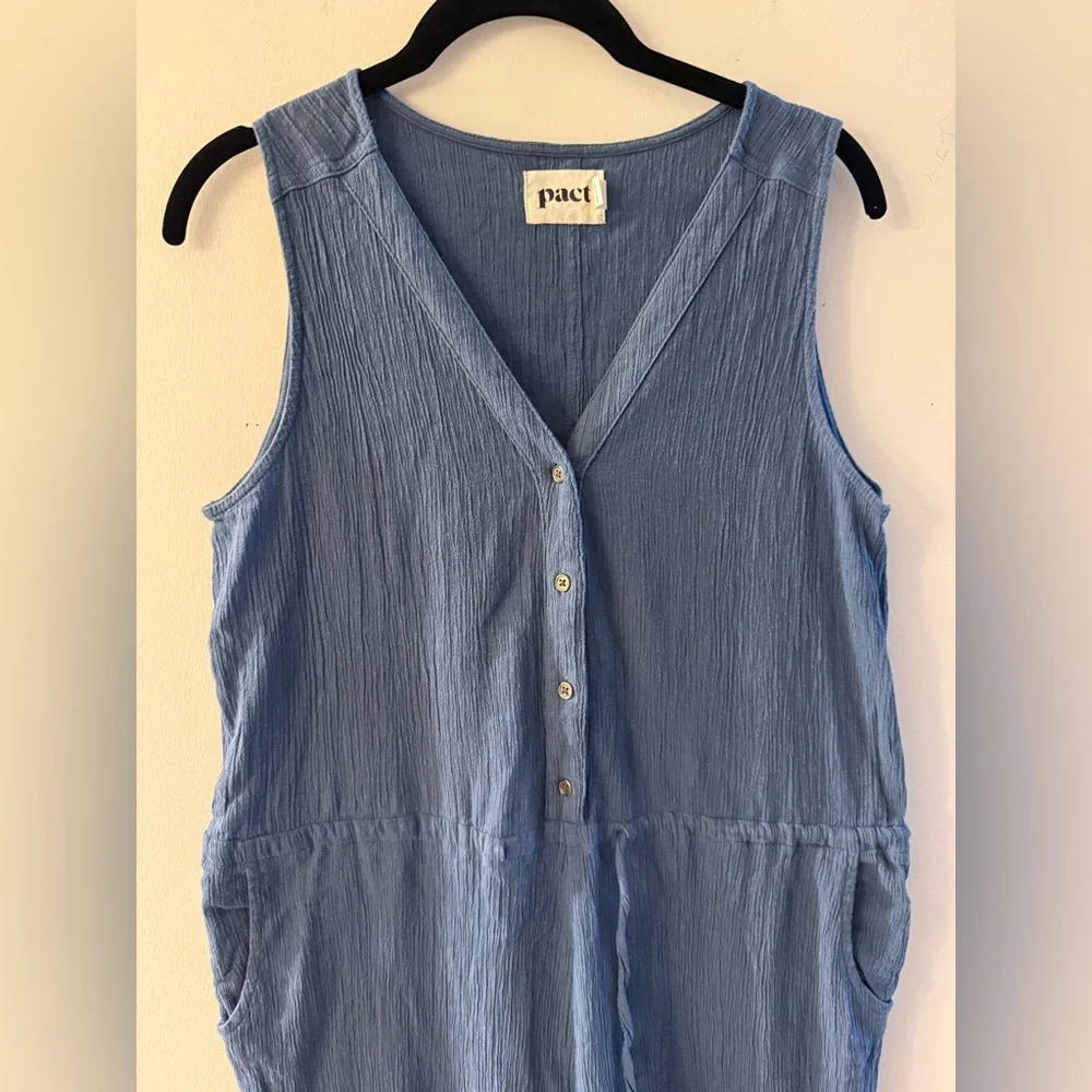 Pact Organic Cotton Jumpsuit Sz S Blue Boho Beachy Farmers Market Pockets - Picture 4 of 10